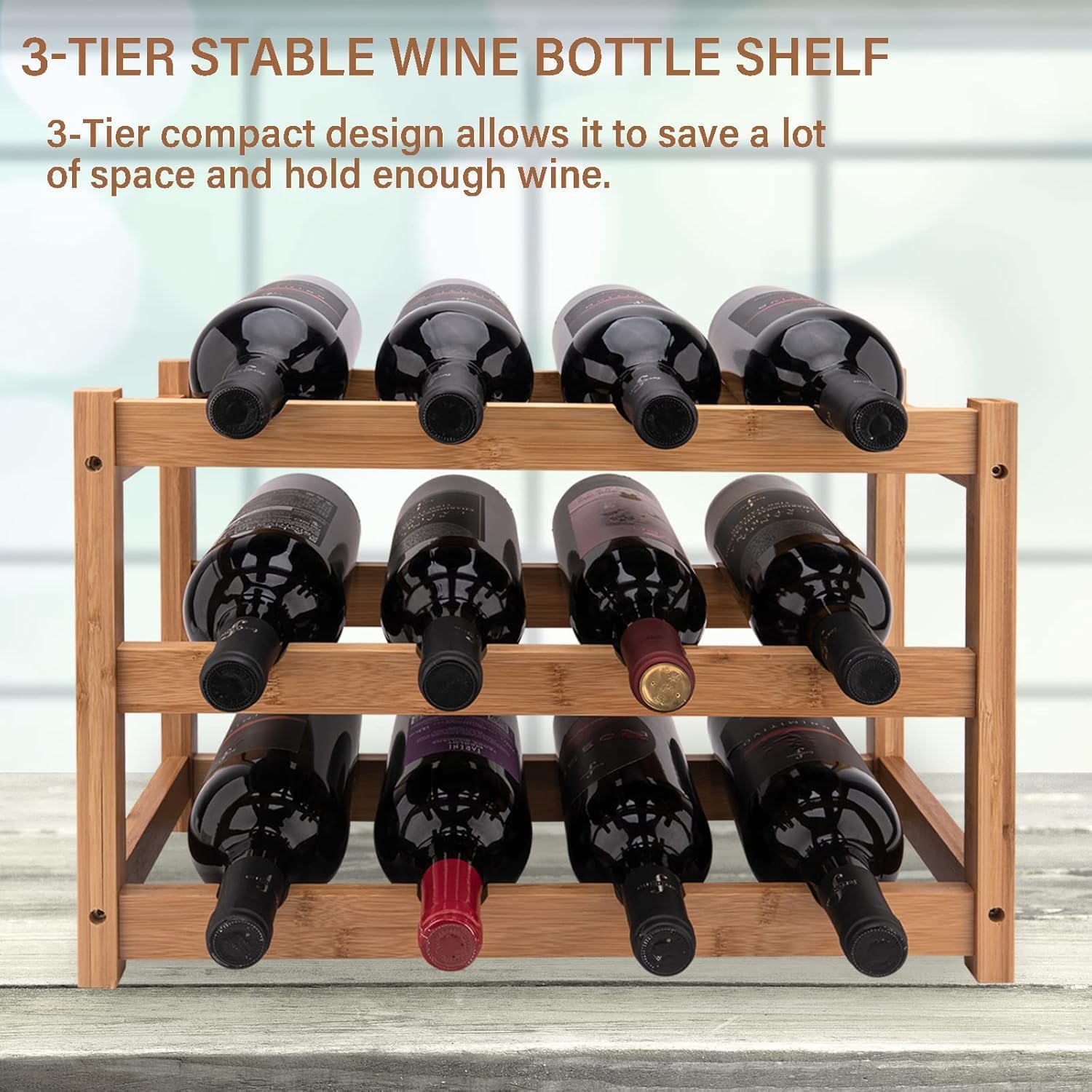 LEIMO KPARTS Bamboo Wine Rack, 3-Tier Sturdy and Durable Wine Storage Cabinet Shelf, Wine Racks Countertop for Kitchen Pantry Dining Room Bar,12 Bottles Wine Rack