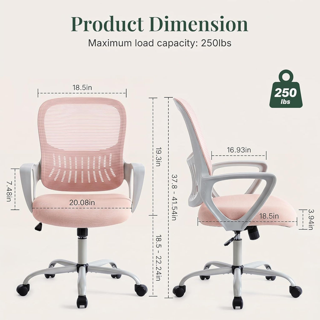 Home Office Desk Chair, Ergonomic Mid-Back Mesh Computer Chair with Comfortable Lumbar Support, Height Adjustable Swivel Task Chair with Fixed Armrest for Adults, Student, Pink