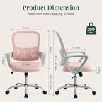 Home Office Desk Chair, Ergonomic Mid-Back Mesh Computer Chair with Comfortable Lumbar Support, Height Adjustable Swivel Task Chair with Fixed Armrest for Adults, Student, Pink