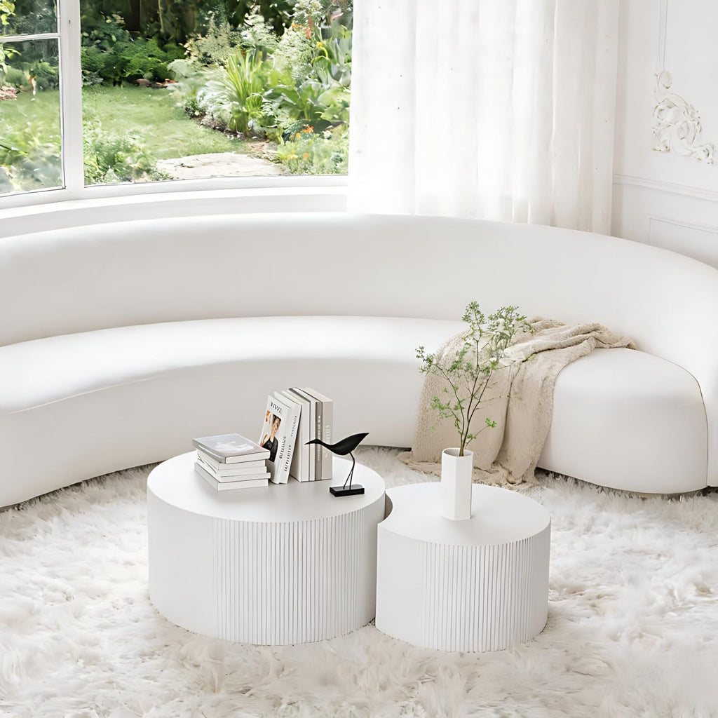 KEVINSPACE Coffee Table Set of 2 Modern, Living Room Nesting Table Round 2-Piece, No Assembly Required Wooden Circle End Table Set Accent Furniture for Bedroom Balcony Library,White