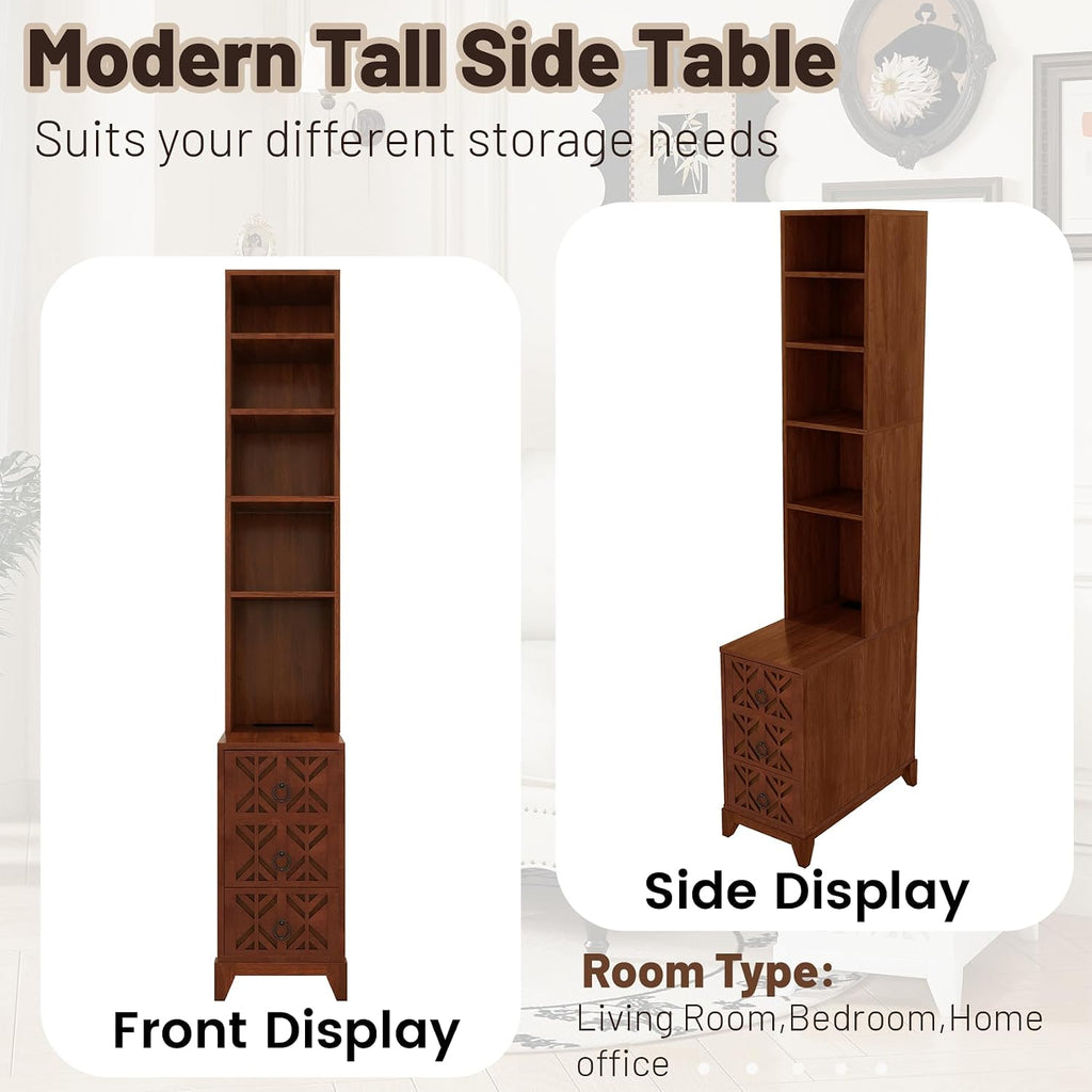 Wood Tall Nightstand with Charging Station, 70.9" Tall End Table with 3 Storage Drawers and 4 Open Shelves, Narrow Slim Sofa Side Table for Small Spaces, Living Room, Bedroom,Corner, Walnut