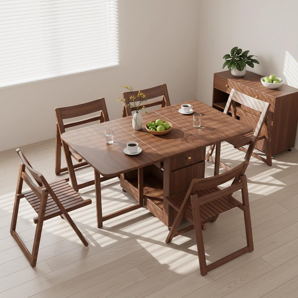Extendable Drop Leaf Folding Dining Table with 2 Hidden Storage Drawers and 4 Wheels, No Assembly Required Space Saving Table for Small Spaces, Living Room & Kitchen (51.18 inch Table & 4 Chairs)