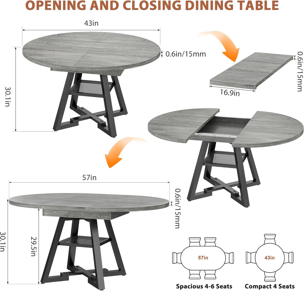 Expandable Kitchen Dining Table for 4-6, Oval Round Dining Table with Storage Shelf and Removable Extension Leaf, Space Saving Pedestal Table for Dining Room, Modern Industrial Style (Grey)