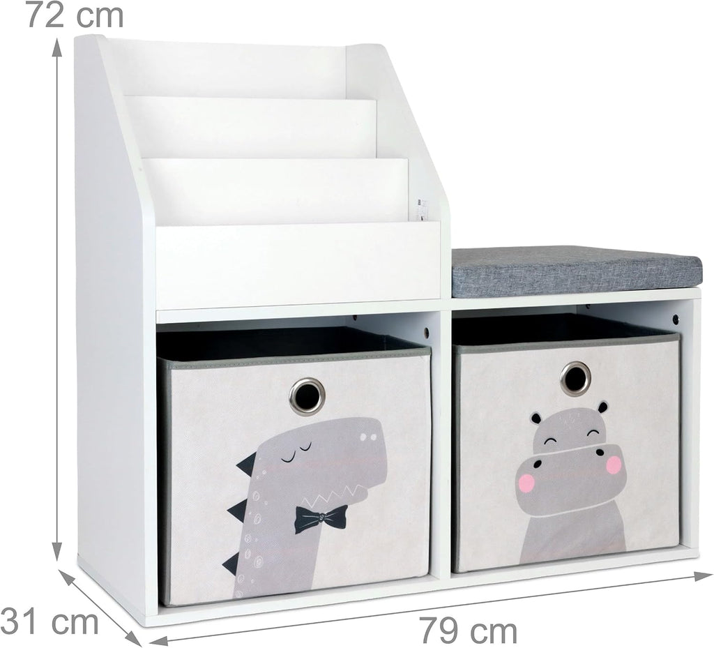 Relaxdays children's bench with storage, HWD: 72 x 79 x 31 cm, 2 foldable boxes, bookshelf, padded seat, white/grey, Fibreboard, Polyester, Foam