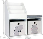 Relaxdays children's bench with storage, HWD: 72 x 79 x 31 cm, 2 foldable boxes, bookshelf, padded seat, white/grey, Fibreboard, Polyester, Foam