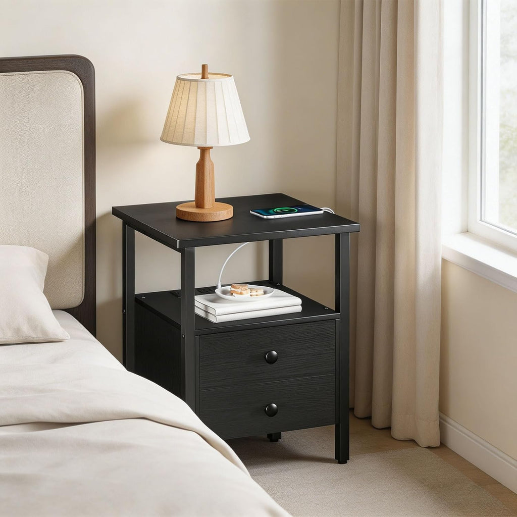 HOOBRO End Table with Charging Station, Bedside Table with 2 Drawer & USB Port & Type-C Port, Nightstand for Small Spaces, Stable and Sturdy, for Living Room, Black BB43UBZ01