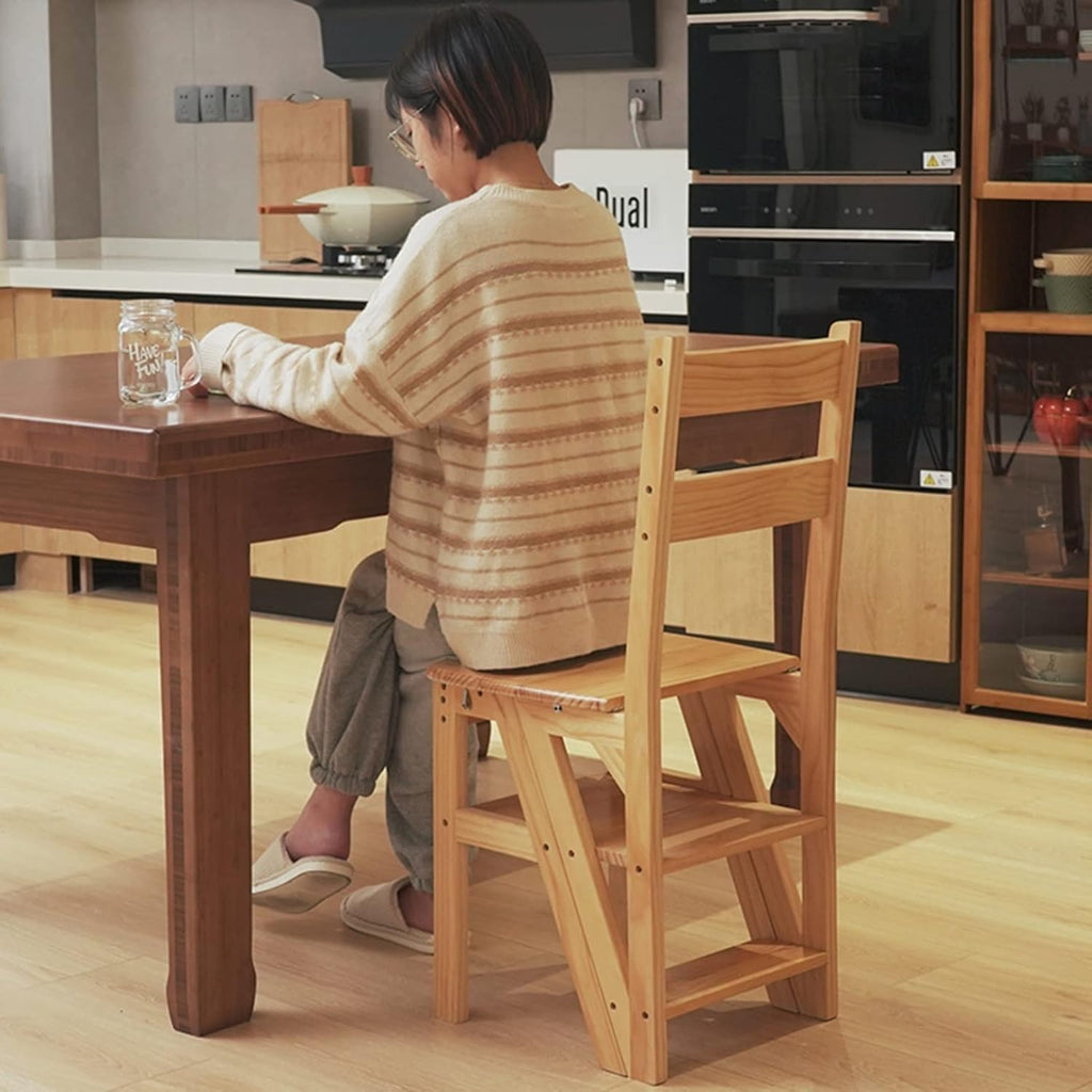 Solid Wood Folding Library Ladder Chair Step Stool 4 Step Dual Purpose Stepladder Display Stand Flower Stand(Wood)