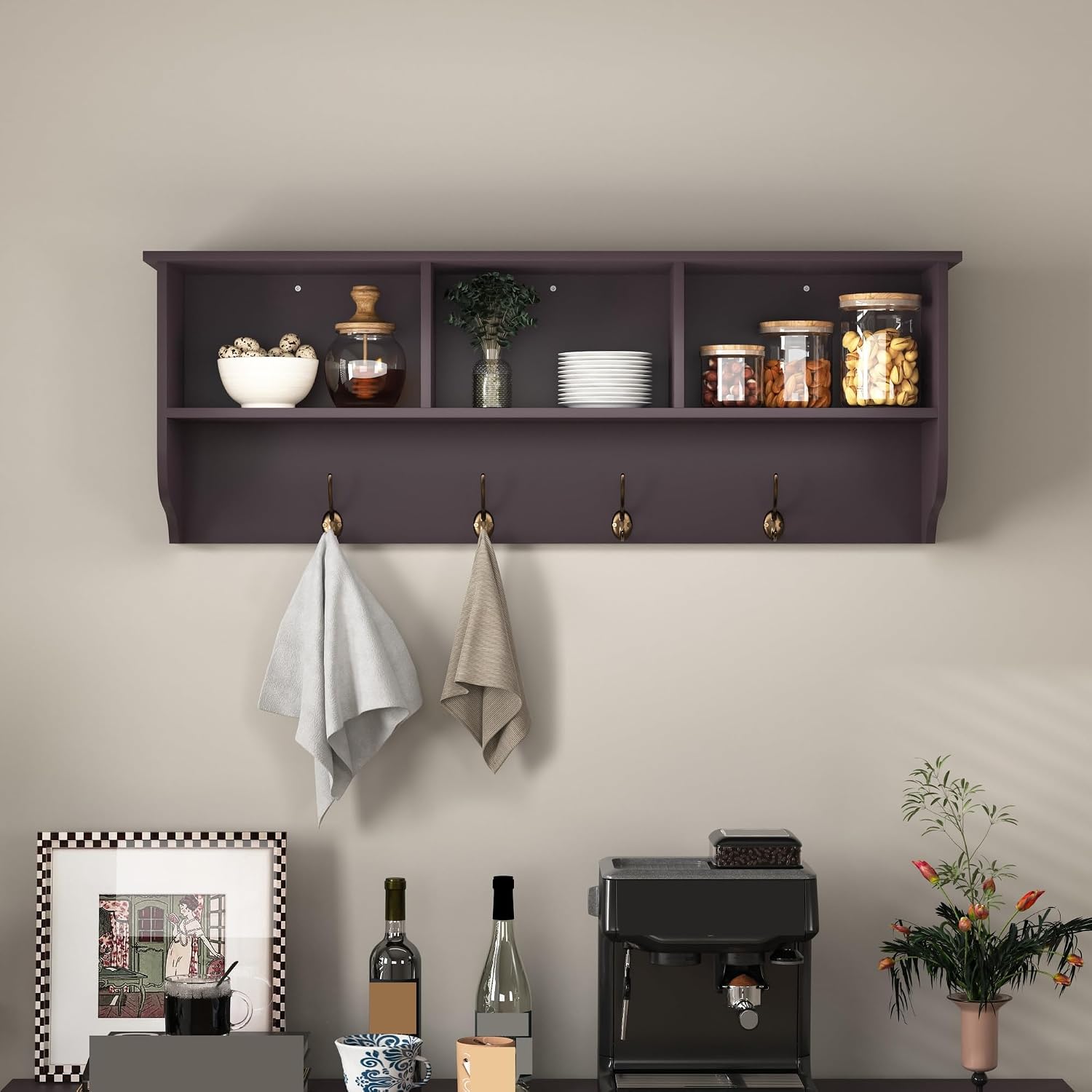 Modern Entryway Wall Mounted Coat Rack, with 4 Dual Hooks Living Room Storage Shelf,for Kitchen Home
