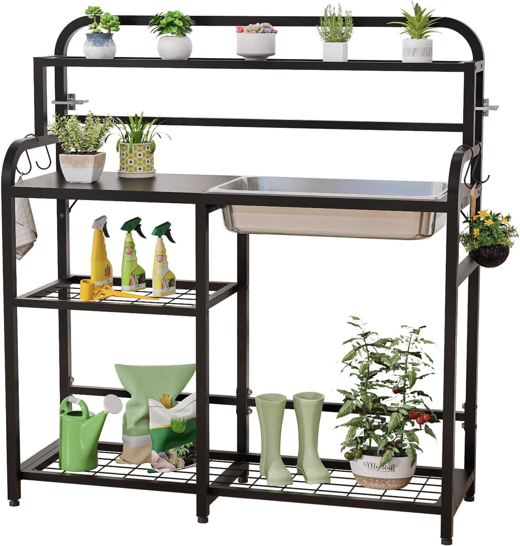 Outdoor Potting Bench Table with Sink & Storage, Heavy Duty Metal Gardening Workbench, 4-Tier Garden Potting Station with Hooks, Adjustable Height Planting Table for Patio Lawn Backyard, Black