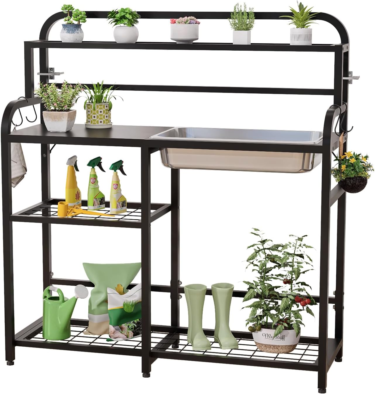 Outdoor Potting Bench Table with Sink & Storage, Heavy Duty Metal Gardening Workbench, 4-Tier Garden Potting Station with Hooks, Adjustable Height Planting Table for Patio Lawn Backyard, Black