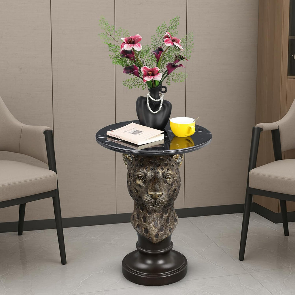 Virubi Leopard Head Accent Table Animal Statue End Table, Faux Marble Top Side Table, Resin Pedestal Table for Living Room Hallway Boutique Display