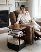 3 Tiers End Table with Fabric Basket, Small Side Table for Small Spaces, Modern Decor Nightstand with Handle, Tv Tray for Living Room, Bedroom, Dorm, Walnut