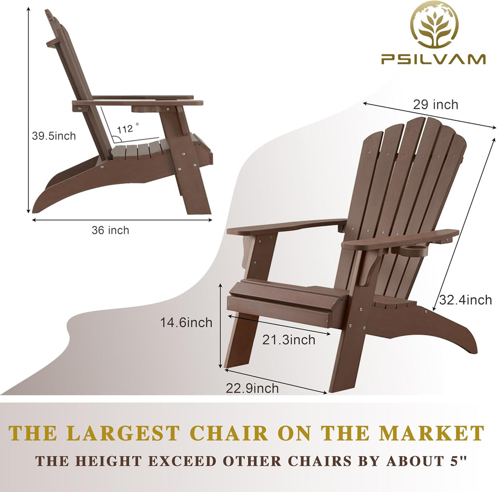 Psilvam Adirondack Chair, Oversized Poly Lumber Fire Pit Chair with Cup Holder, 350Lbs Support Patio Chairs for Garden, Weather Resistant Adirondack Chair Looks Like Real Wood (2, Brown)