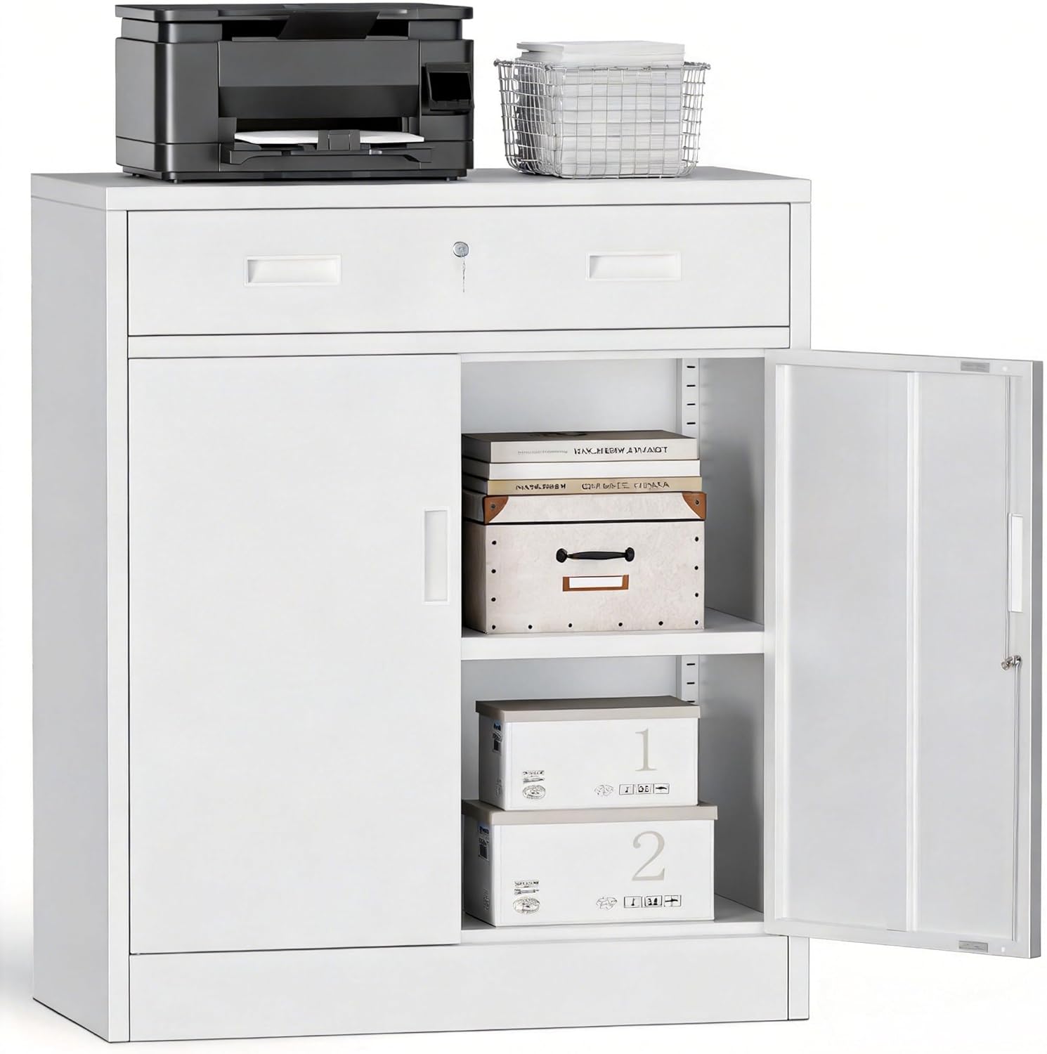 Metal Storage Cabinets with Drawer, 36" H Lockable Storage Cabinet with Doors and Adjustable Shelves, Small White Steel File Cabinet for Home, Office, Warehouse, School, Assembly Required