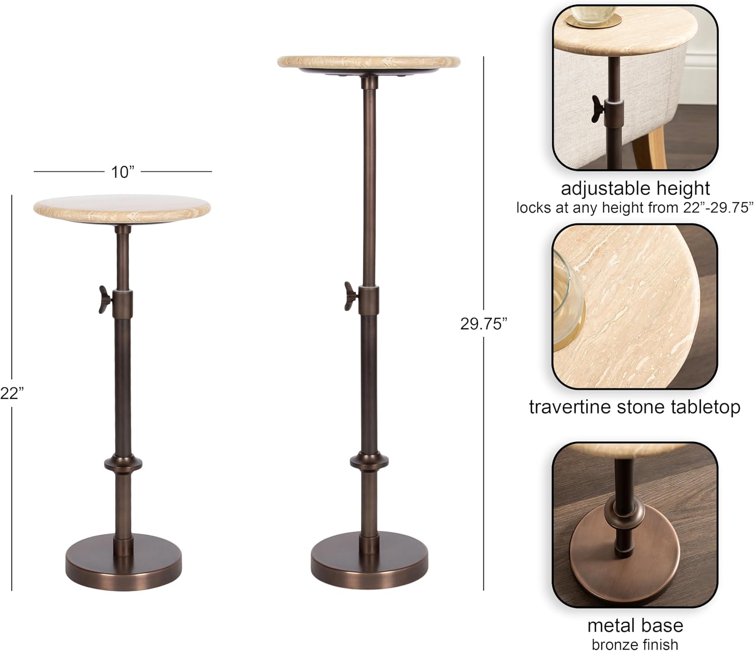 Kate and Laurel Engles Traditional Adjustable-Height Pedestal Drink Table, 10 x 10 x 30, Natural Travertine and Bronze, Round Metal Mini Table for Indoor Plant Stand with Authentic Stone Tabletop