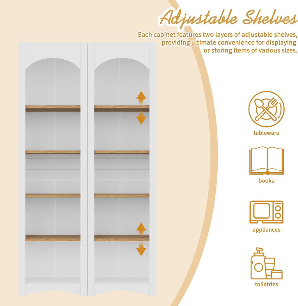 39.3" D*12.4" W*72" H Corner Freestanding Kitchen Pantry Set of 2 with 4 Shelves, Modern Minimalist, Rectangular Storage Cabinet, for Living Room, Dining Room, White