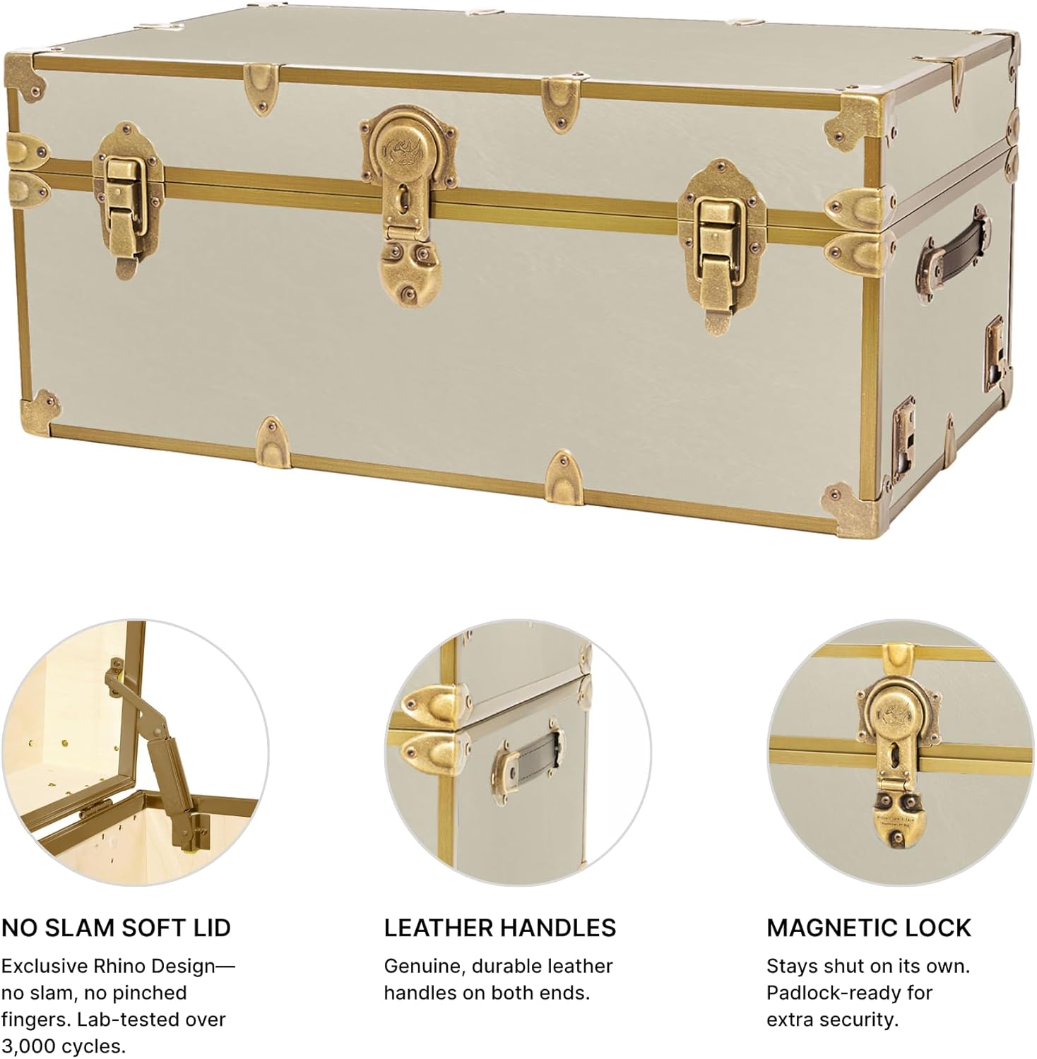 Rhino Trunk & Case Lux Faux Leather Trunk – Large 32"x18"x14" Storage Box, Coffee Table, End of Bed Chest, Entryway Storage Bench – USA-Made – Strong & Secure for Camp & Dorm – Antique Brass Hardware
