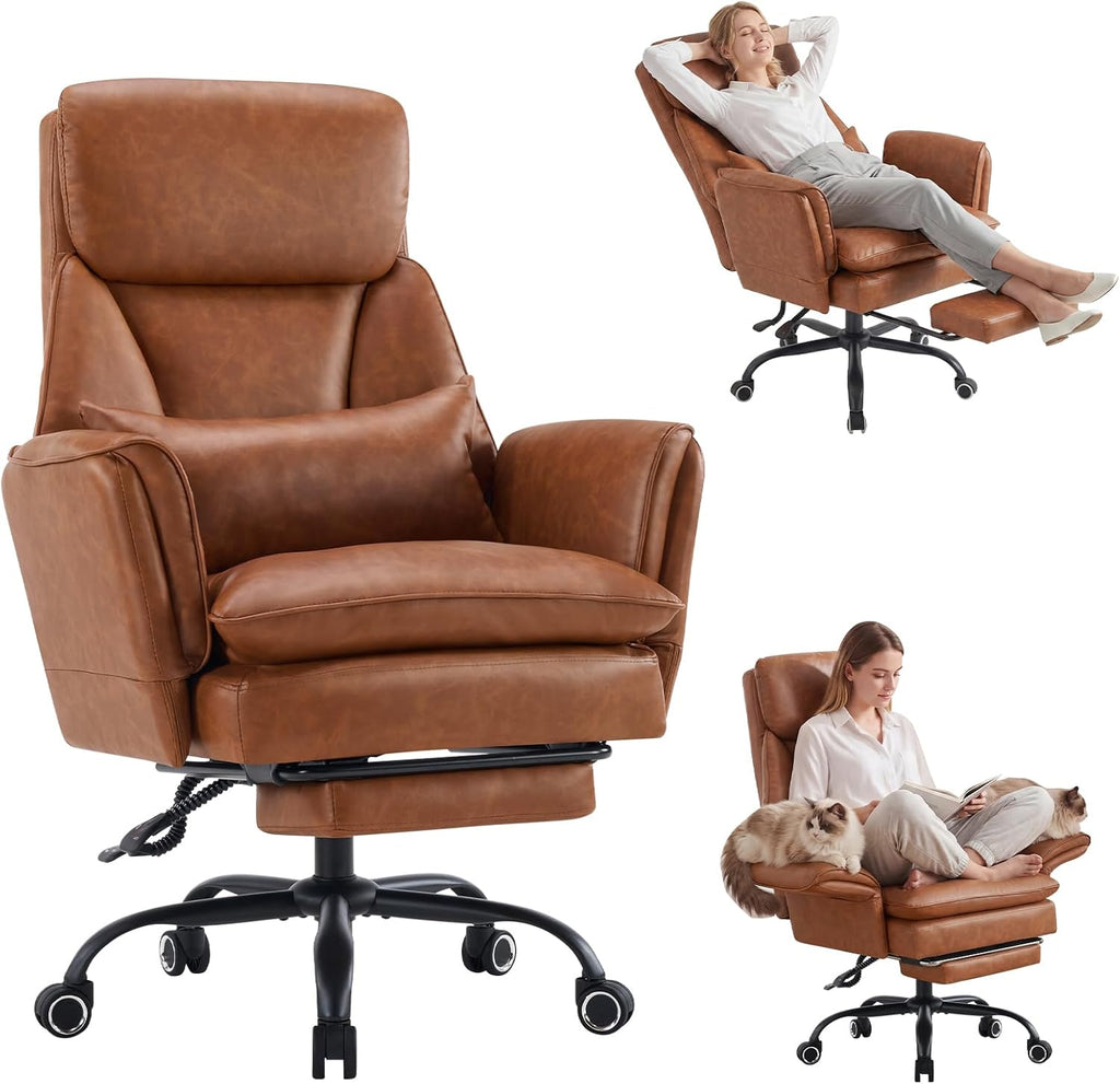 Furniliving Big and Tall Office Chair, Ergonomic Computer Desk Chair with Footrest, Wide Seat Reclining Gaming Chair, Flip Armrests for Cross Legged Sitting, Heavy Duty Support up to 400LBS, PU, Brown