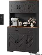 Farmhouse Kitchen Pantry Cabinet with Charging Station – 71" Tall Hutch, Adjustable Shelves, Drawers, Microwave Stand, Large Storage for Dining or Living Room – Color: Black