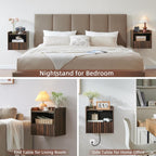 BuildHom Modern Fluted Floating Nightstand Wall Mounted Set of 2- Bedside Table with Storage Drawer & Display Shelf, Minimalist Bedroom Furniture for Studio Apartments (Walnut)