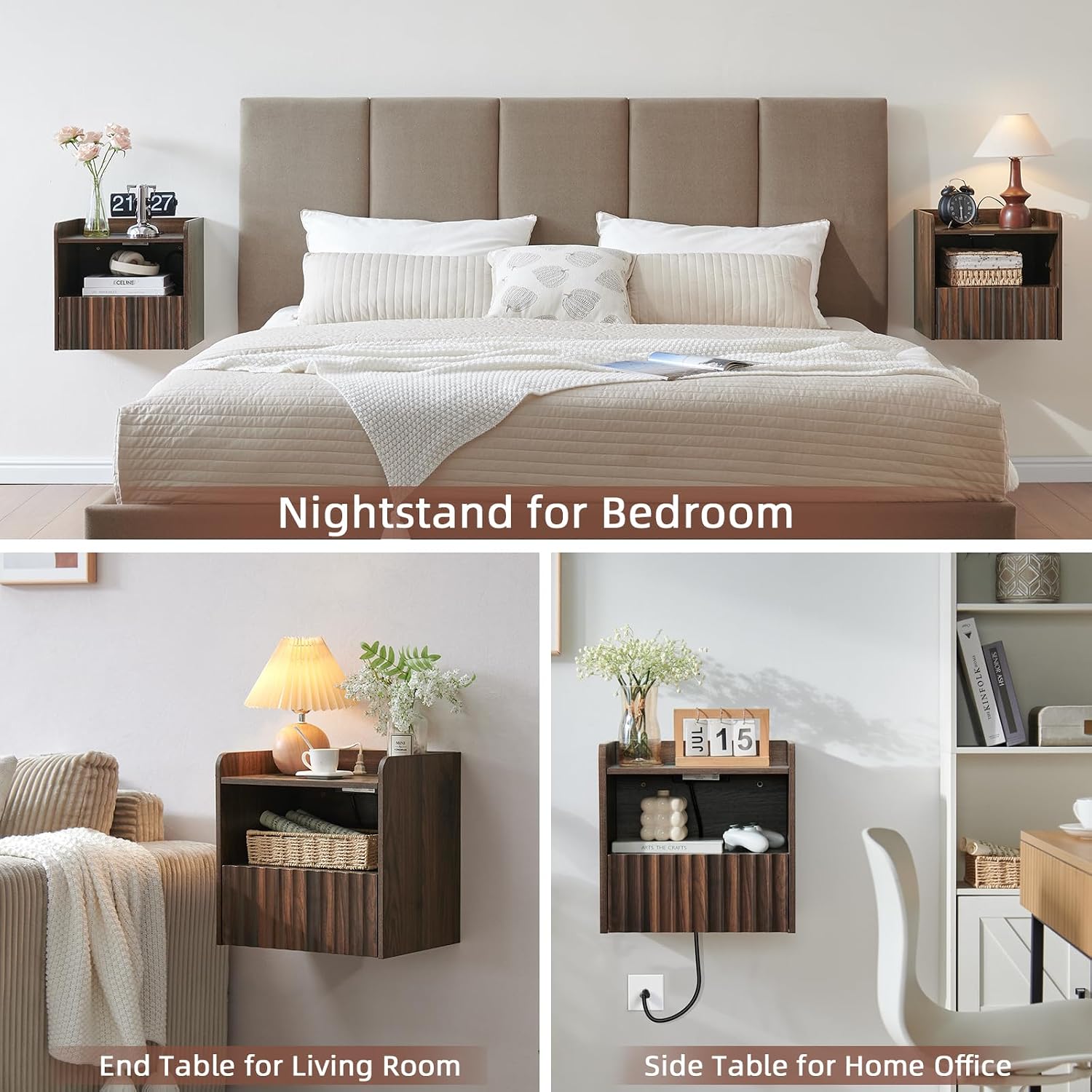 BuildHom Modern Fluted Floating Nightstand Wall Mounted Set of 2- Bedside Table with Storage Drawer & Display Shelf, Minimalist Bedroom Furniture for Studio Apartments (Walnut)