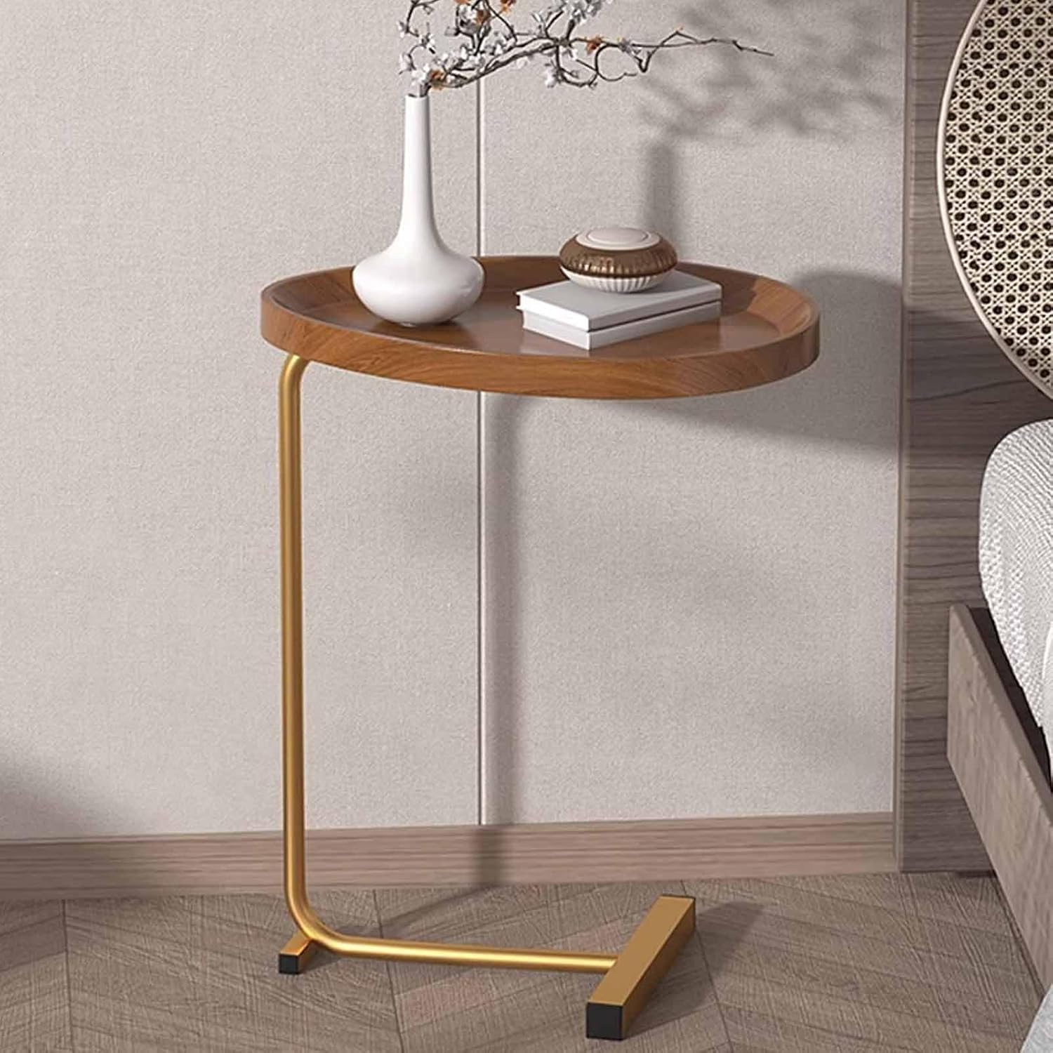 Oval Side Table, MDF Tabletop & Sturdy L-Shaped Metal Legs, Compact Sofa Side Storage Table for Living Room Bedroom(B)