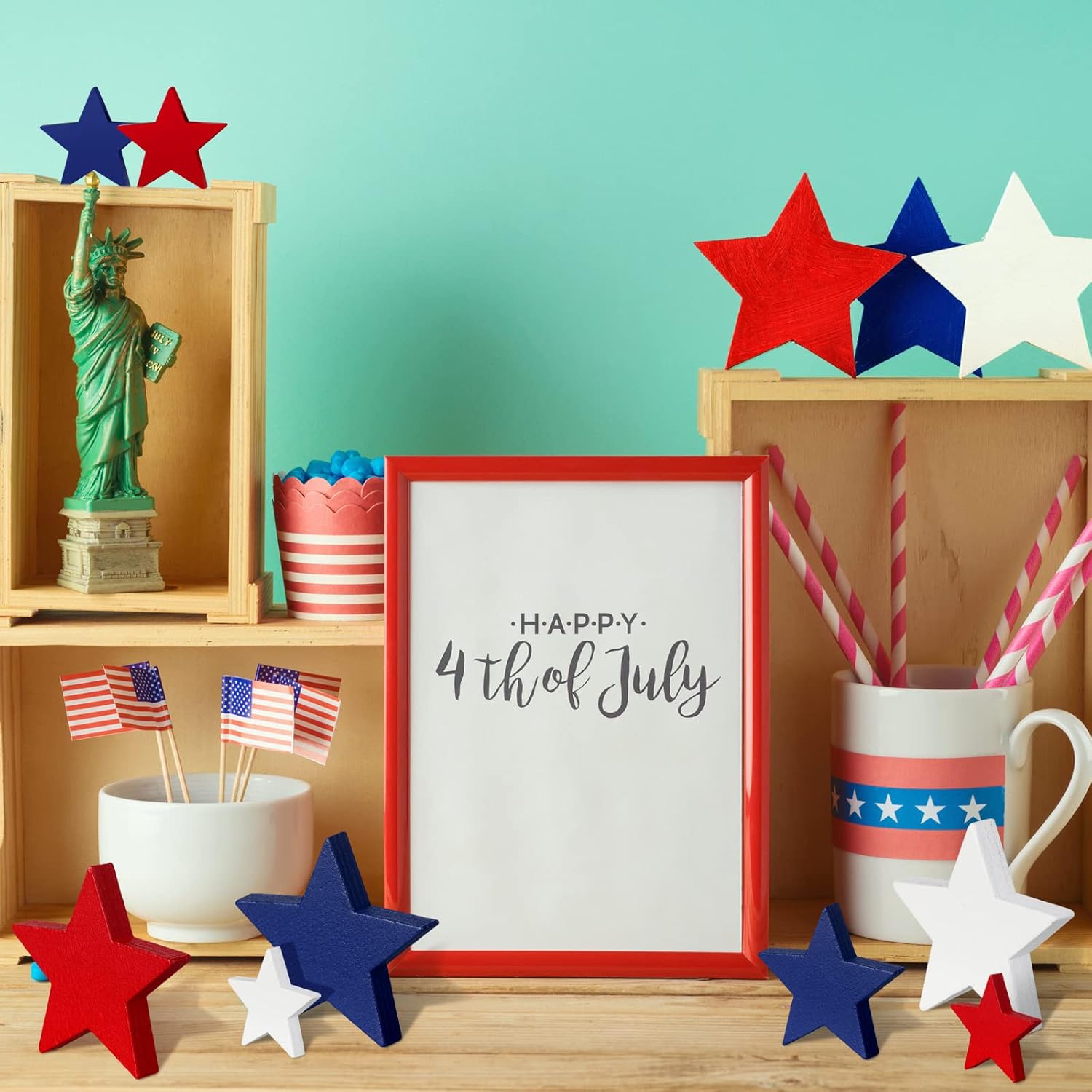 Bucherry 120 Pcs 4th of July Patriotic Wood Stars Red White Blue Crafts 250th Anniversary Independence Memorial Veterans Day DIY Craft Vase Bowl Filler Table Tiered Tray Decoration (0.4,0.8,1.2 Inch)