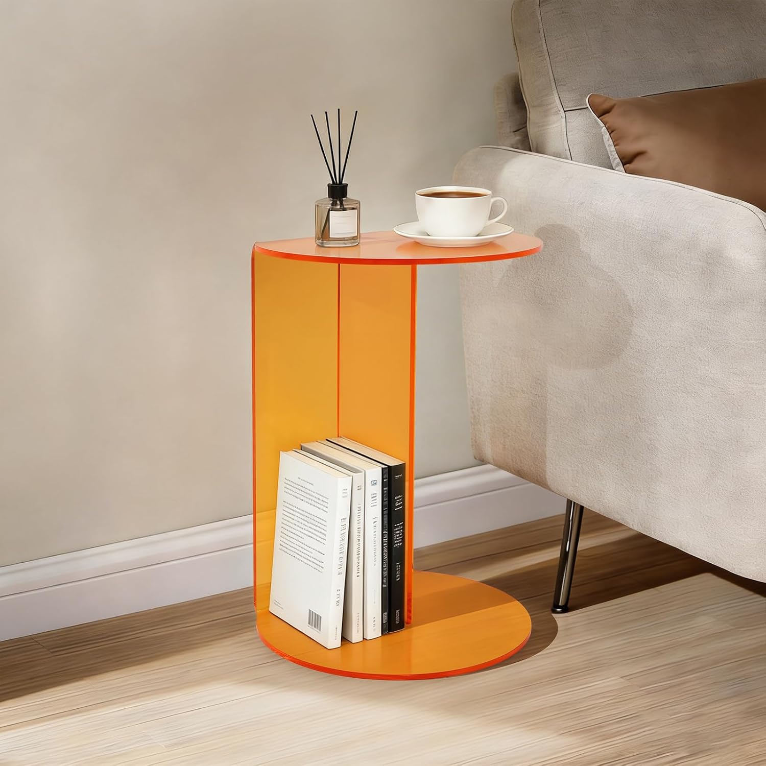 Side Table, Acrylic End Table with Storage Shelf, Floorstanding Nightstand with Sturdy Base for Small Space, Bedside Table, Console Table for Bedroom, Living Room, Office(Orange)