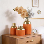 Orange Gold Ceramic Vase 3-Piece Set, Modern Geometric Decorative Vases, Small Ceramic Vases for Home Decor, Suitable for Dining Table, Shelf, Entryway Table, Fireplace, and Foyer Table Decor.