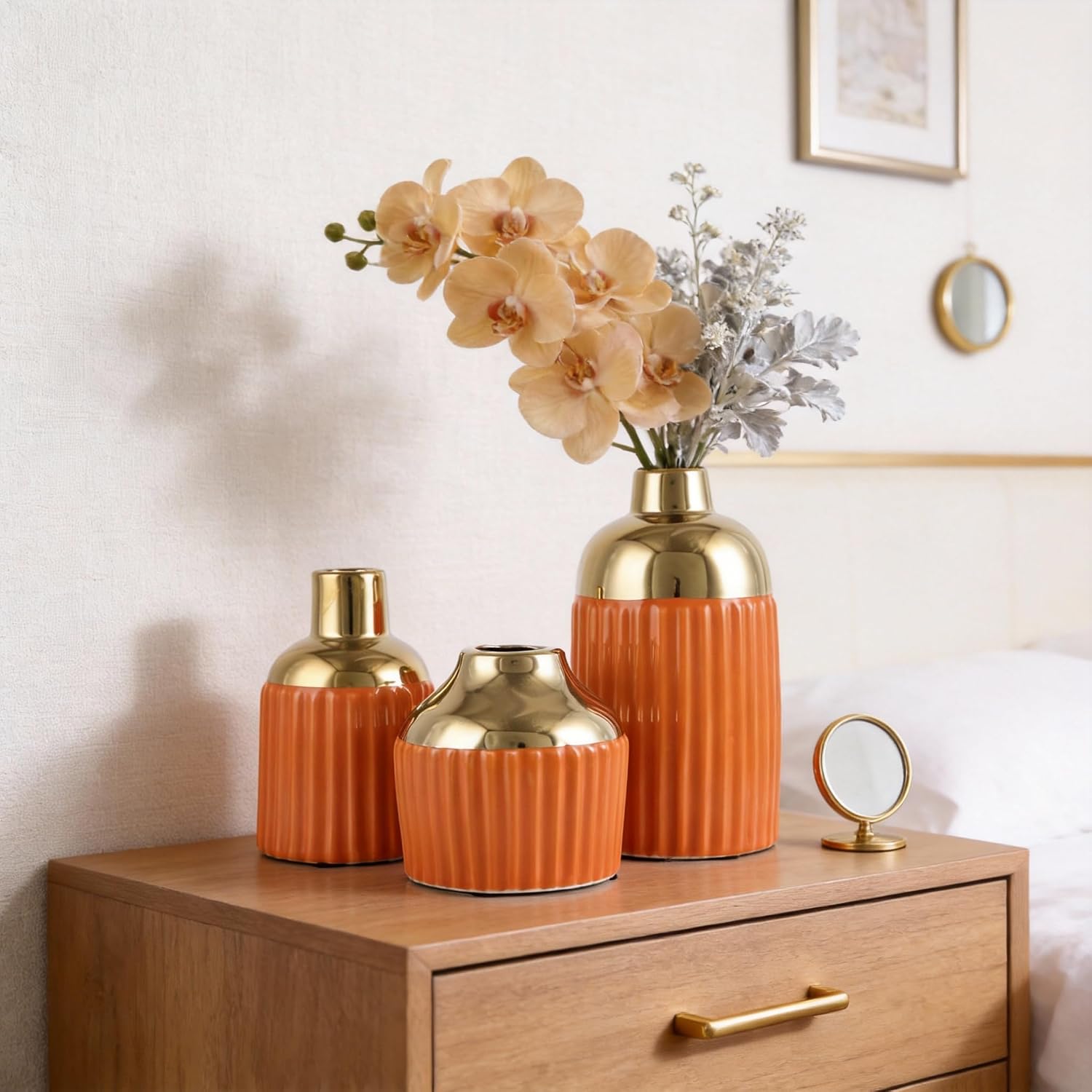 Orange Gold Ceramic Vase 3-Piece Set, Modern Geometric Decorative Vases, Small Ceramic Vases for Home Decor, Suitable for Dining Table, Shelf, Entryway Table, Fireplace, and Foyer Table Decor.