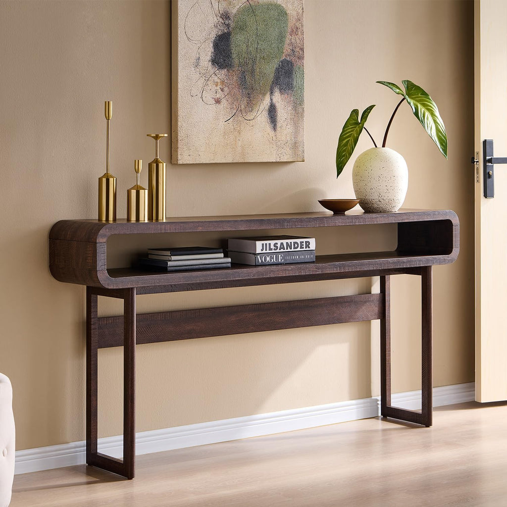 IFGET 63-Inch Long Console Table, 31.5" Tall Modern Entryway Table with Open Storage Shelf, Curved Profile Design, Narrow Wood Sofa Table Behind Couch Tables for Living Room, Hallway, Foyer, Brown