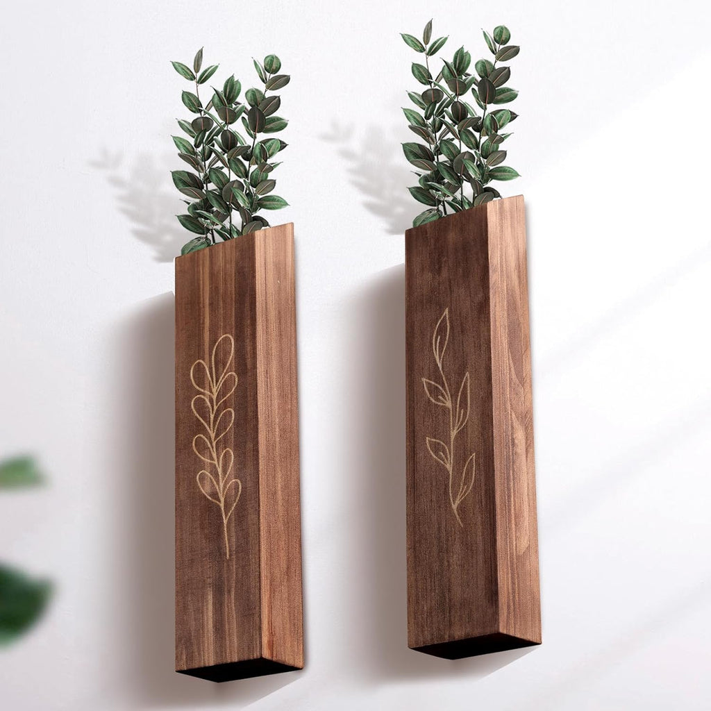 4 Pack Wood Indoor Wall Planter, Modern Boho Wall Decor for Living Room Bedroom, Farmhouse Pocket Vases for Dried Flowers and Faux Greenery Plants - Brown