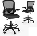 HAPPYGRILL Drafting Chair, Adjustable Height Standing Desk Chair with Armrest, Footrest Ring and Lumbar Support, Tall Office Chair Executive Computer Chair for Home Office (1, Black)
