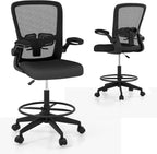 HAPPYGRILL Drafting Chair, Adjustable Height Standing Desk Chair with Armrest, Footrest Ring and Lumbar Support, Tall Office Chair Executive Computer Chair for Home Office (1, Black)