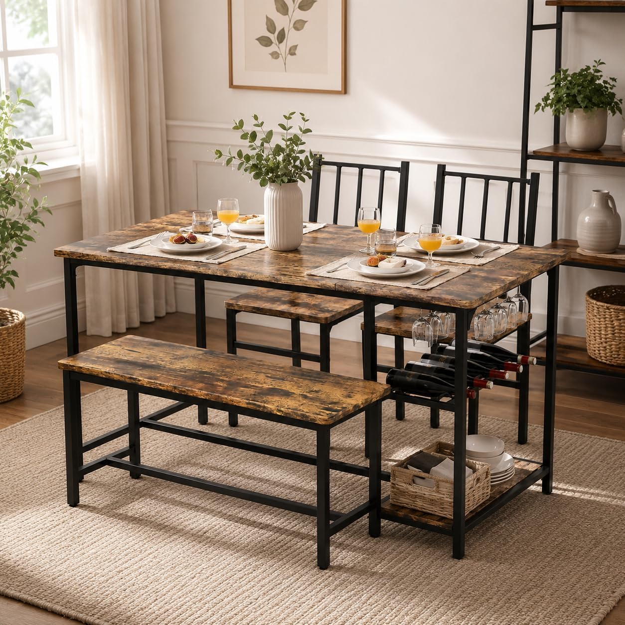 Dining Table Set for 4 with Bench, 55" Kitchen Table and Chairs Set with Wine Rack, Glass Holder & Storage Shelves, Space Saving Dining Room Table Set for Small Kitchen, Apartment, Rustic Brown