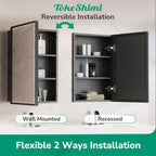 TokeShimi 16x24 Recessed Medicine Cabinet with Mirror Surface Mounted, Metal Beveled Mirror with Storage for Bathroom Vanity, Aluminum Black Medicine Cabinet Mirrored
