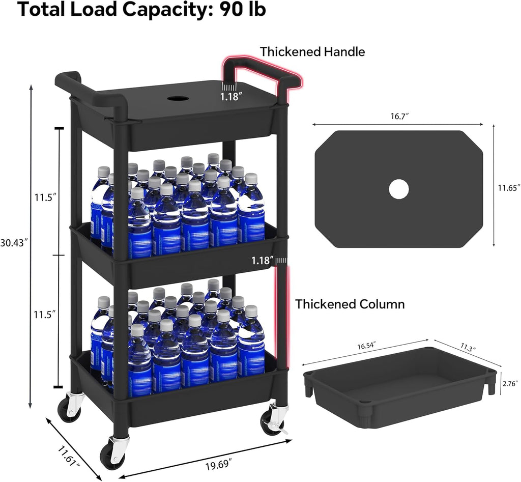 MIOCASA 3-Tier Utility Rolling Cart with Cover Top Board, Kitchen Storage Organization Cart with Wheels for Office, Classroom, Living Room, Kitchen, Bathroom, Black, Plastic