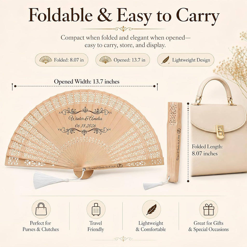 Personalized Wedding Fans for Guests Bulk– Custom Wooden Handheld Folding Fans for Wedding Favors, Baby Showers & Birthday & Party Gifts | Favors for Guests with Organza Bags & Tassels (30Pcs)