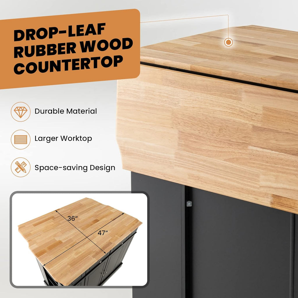 SILKYDRY Kitchen Island with Storage and Drop Leaf, Storage Cabinet with Rubber Wood Top, 2 Drawers, Adjustable Shelves, Spice Racks, Coffee Bar Table for Dining Room, Living Room (Black)