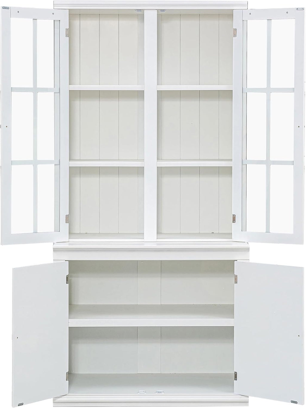 roomfitters Set of Two 75.25'' Pantry Cabinets with Glass Doors, Traditional Hutch Display Cabinet for Living Room and Kitchen, White