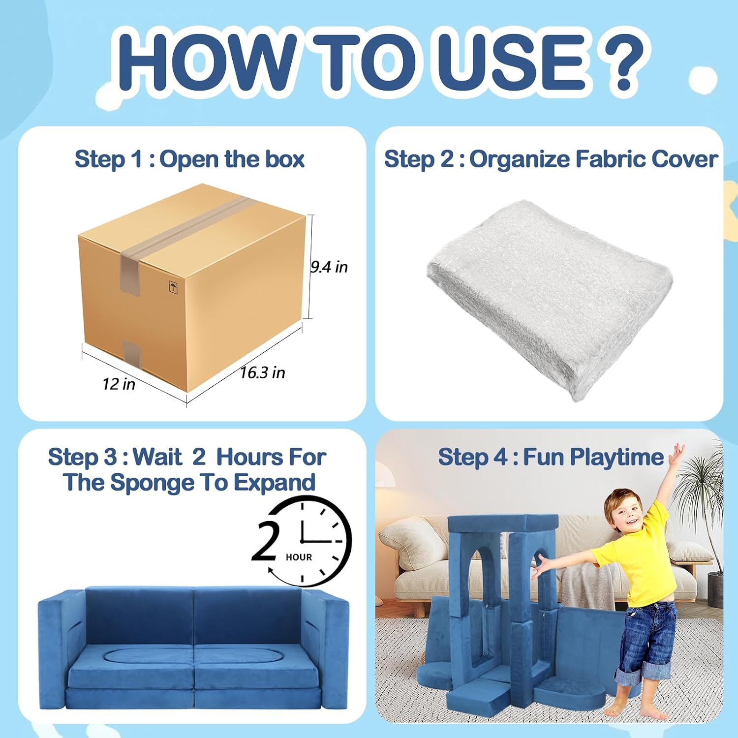 12pcs Modular Kids Play Couch,Kids Couch Building Fort Toddler Modular Sectional Sofa,DIY Creativing Convertible Foam Play Couch for Playroom Bedroom Furniture(Dark Blue,12PACK)