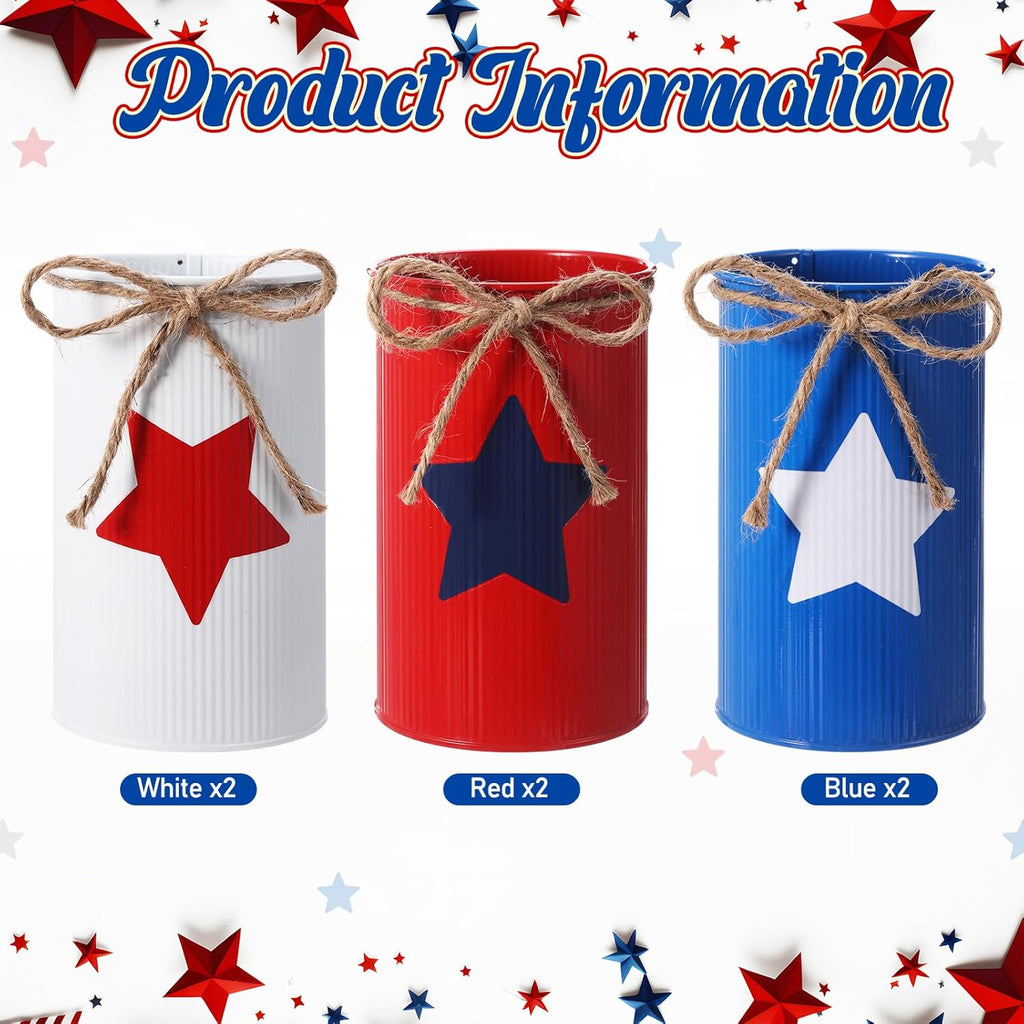 Domensi 6 Pcs 4th of July Table Centerpiece Patriotic Vases Decor Galvanized Metal Vases for Flowers Red White Blue Mason Jars Utensil Holder for Kitchen Home Independence Day Labor Day Decorations
