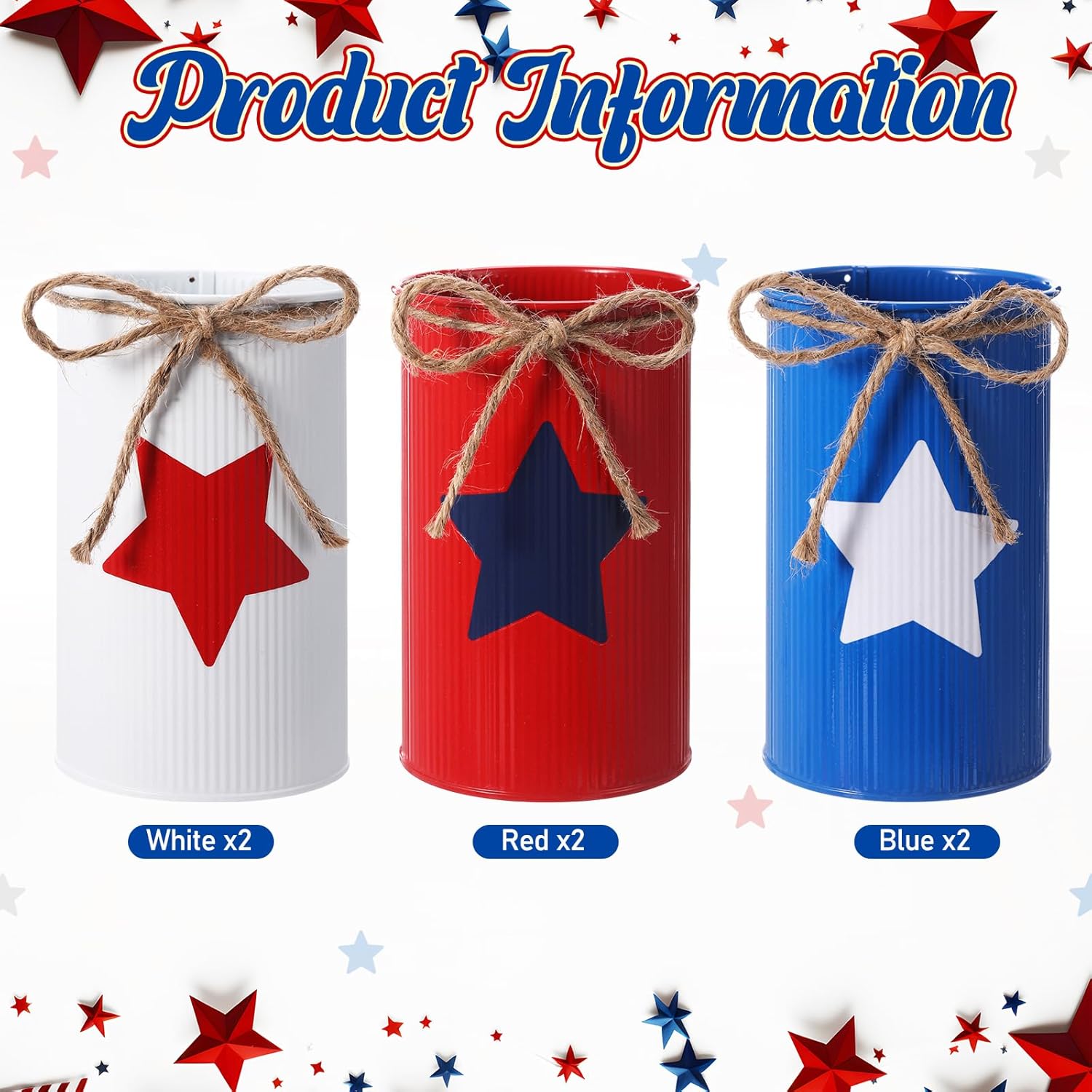 Domensi 6 Pcs 4th of July Table Centerpiece Patriotic Vases Decor Galvanized Metal Vases for Flowers Red White Blue Mason Jars Utensil Holder for Kitchen Home Independence Day Labor Day Decorations