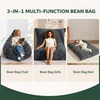 3 in 1 Giant Bean Bag Chair for Adults & Kids, Convertible Bean Bag Bed, Couch & Floor Cushion, Comfy Reading Lounge Sofa, Soft Corduroy Washable Cover for Bedroom, Living Room & Dorm, DarkGrey