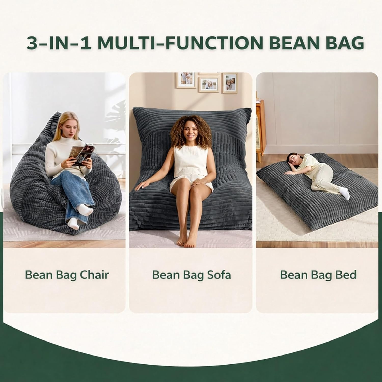 3 in 1 Giant Bean Bag Chair for Adults & Kids, Convertible Bean Bag Bed, Couch & Floor Cushion, Comfy Reading Lounge Sofa, Soft Corduroy Washable Cover for Bedroom, Living Room & Dorm, DarkGrey