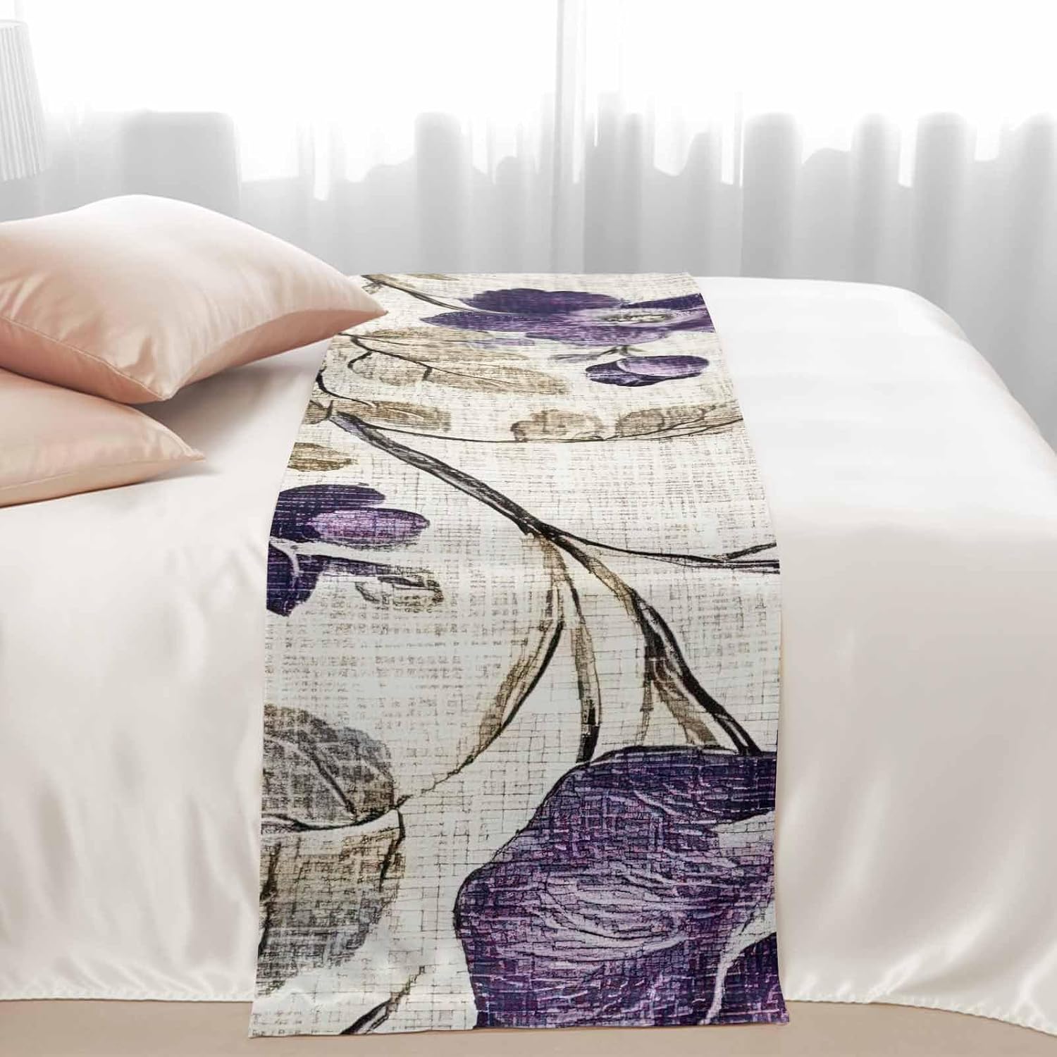 Spring Botanical Bed Runner Bedding Decorative Scarf for Fits Cal King Bed, Watercolor Purple Floral Leaf Vintage Beige Luxury Foot Throw with Satin for Hotels Homes, Guest Rooms, 102" x 20"