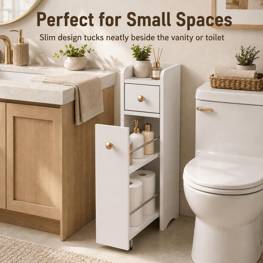 VINGLI Slim Bathroom Storage Cabinet, Narrow Storage Organizer with Slide Out Drawers, Freestanding Toilet Paper Holder, Small Space Skinny Cabinet for Bathroom Kitchen Corner, White