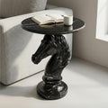 Horse Head Side Table, Faux Marble Round End Table with Resin Sculpture Pedestal Base, Small Accent Table for Living Room Bedroom Office, Modern Glam Decor, Black
