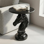 Horse Head Side Table, Faux Marble Round End Table with Resin Sculpture Pedestal Base, Small Accent Table for Living Room Bedroom Office, Modern Glam Decor, Black