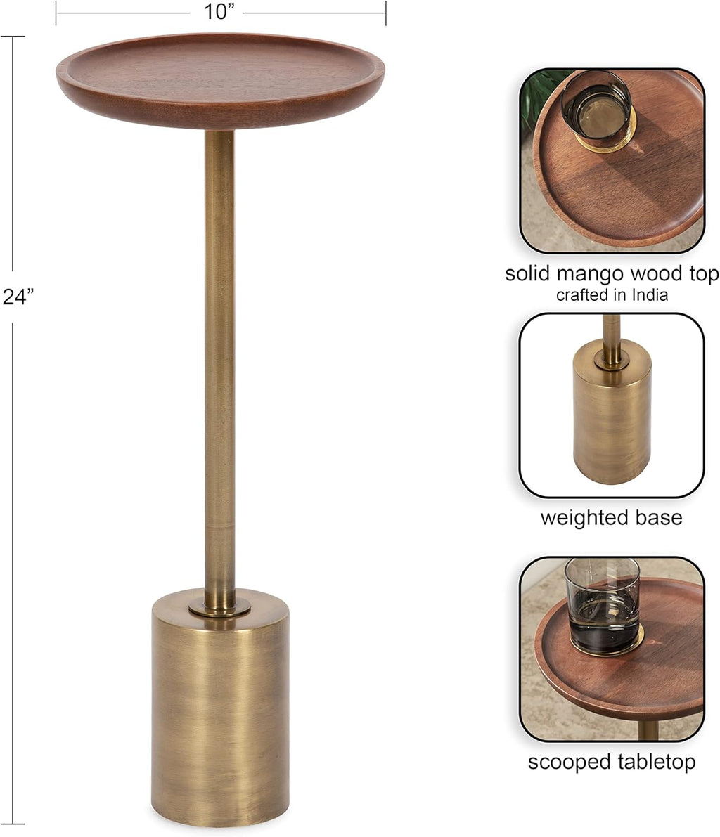 Kate and Laurel Xyler Round Wood and Metal Drink Table, 10 x 10 x 24, Walnut Brown Wood and Antique Brass, Mid-Century Plant Pedestal Table for Storage and Display